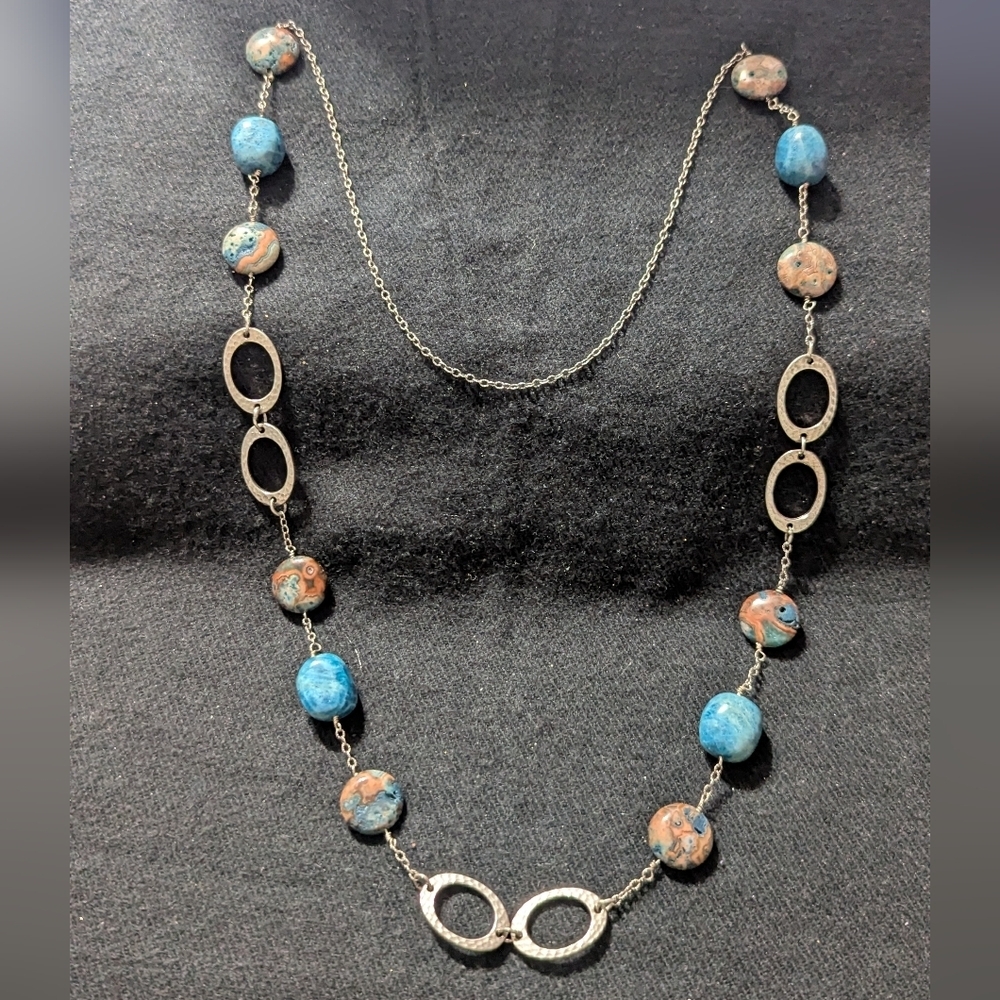 Silver Tone Blue Sea Sediment Jasper Gemstone Bead Chain Long Statement Necklace